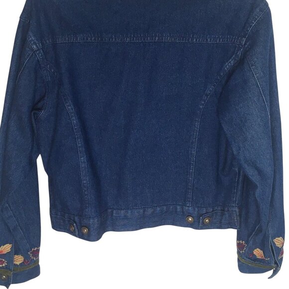 Rebecca Malone Denim Jacket Womens Small Blue Embroidered Leaves Velvet Trim - Picture 11 of 14